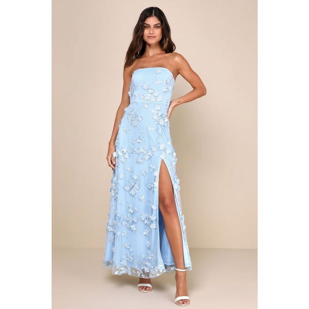 Lulus Rare Presence Powder Blue 3D Floral Embroidered Maxi Dress Size XXS NWT